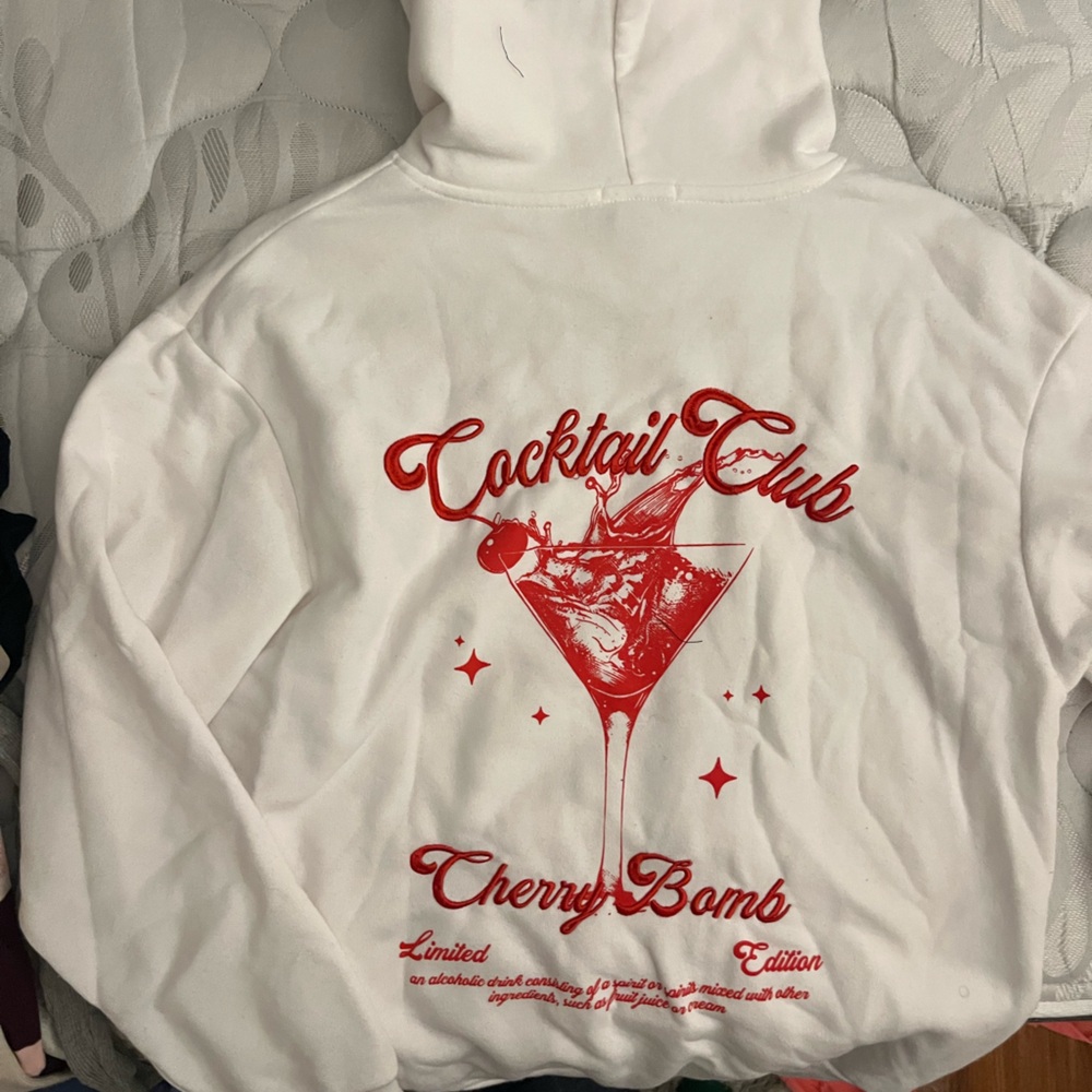 White Sweatshirt with Red 'Cocktail Club Cherry Bomb' Embroidery